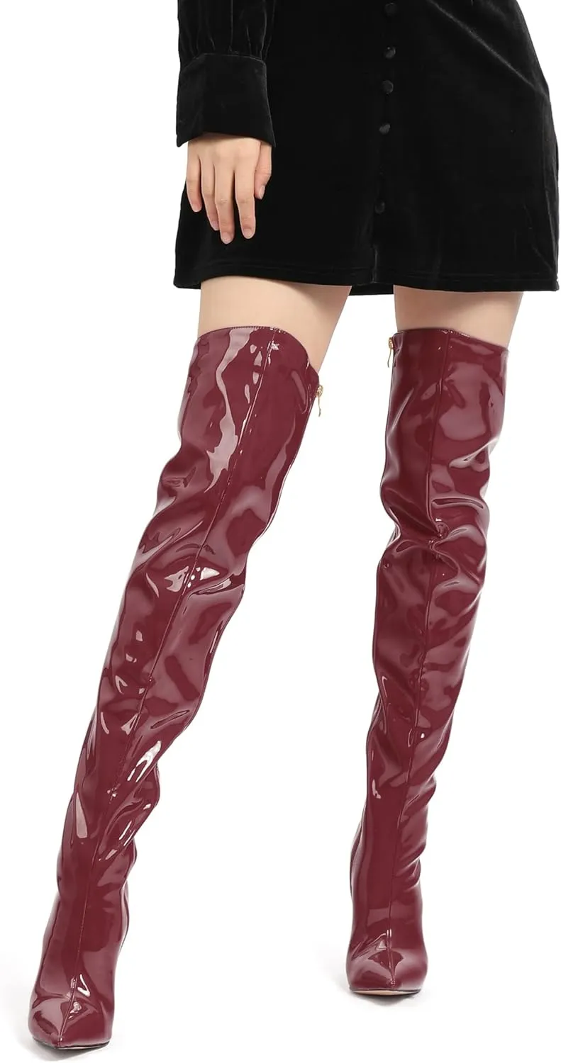 FOGEENA Over the Knee Boots for Women Stiletto High Heel Patent Leather Pointed Toe Zipper 4.7 Inch Thigh High Boots Fashion Sexy Dating Party Fall Winter Boots