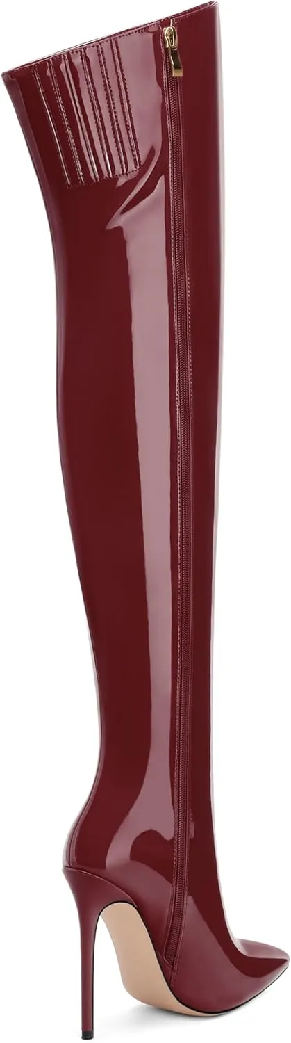 FOGEENA Over the Knee Boots for Women Stiletto High Heel Patent Leather Pointed Toe Zipper 4.7 Inch Thigh High Boots Fashion Sexy Dating Party Fall Winter Boots
