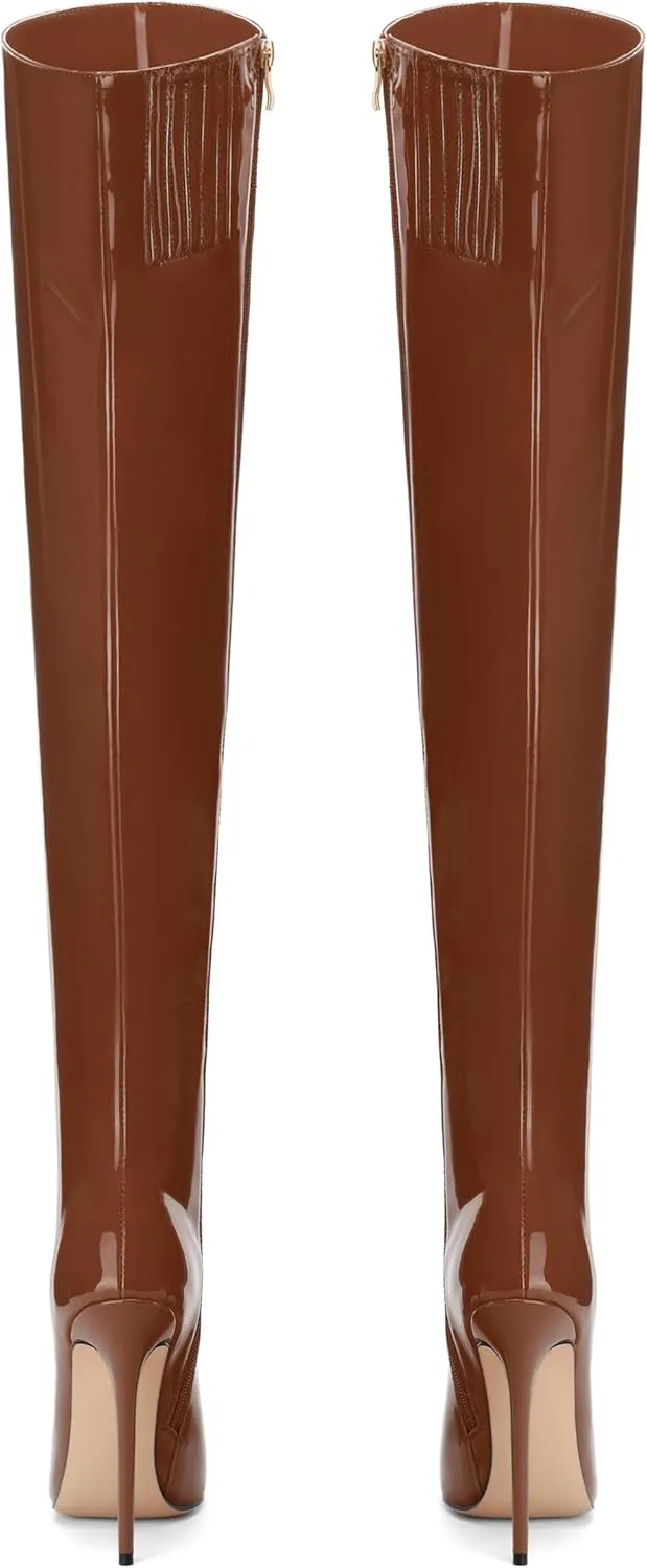 FOGEENA Over the Knee Boots for Women Stiletto High Heel Patent Leather Pointed Toe Zipper 4.7 Inch Thigh High Boots Fashion Sexy Dating Party Fall Winter Boots