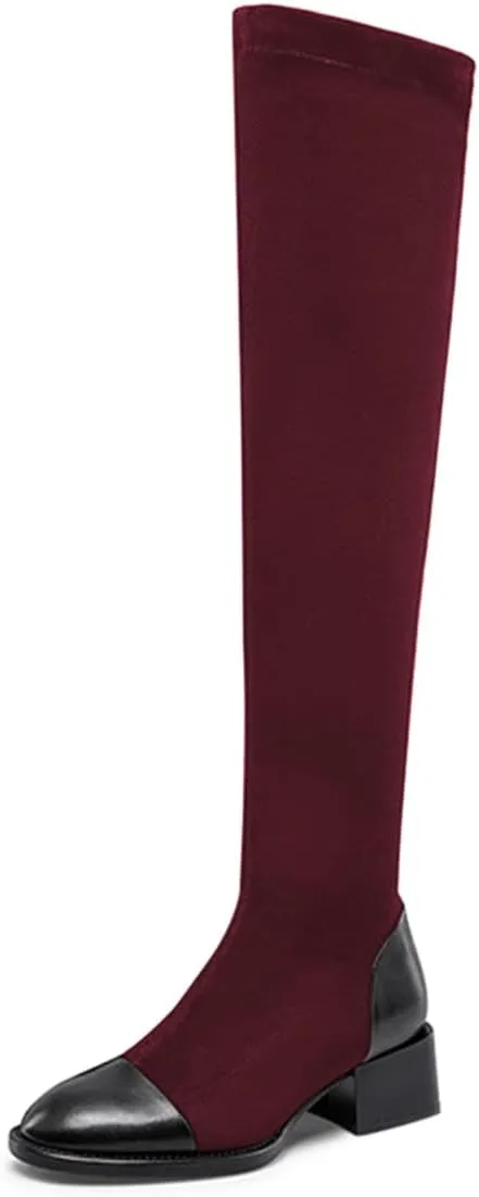 FOWT Women Round Cap Toe Over The Knee Boots Fashion Block Low Heel Side Zipper Warm Winter Fall Outdoor Shoes Size 4-16 US