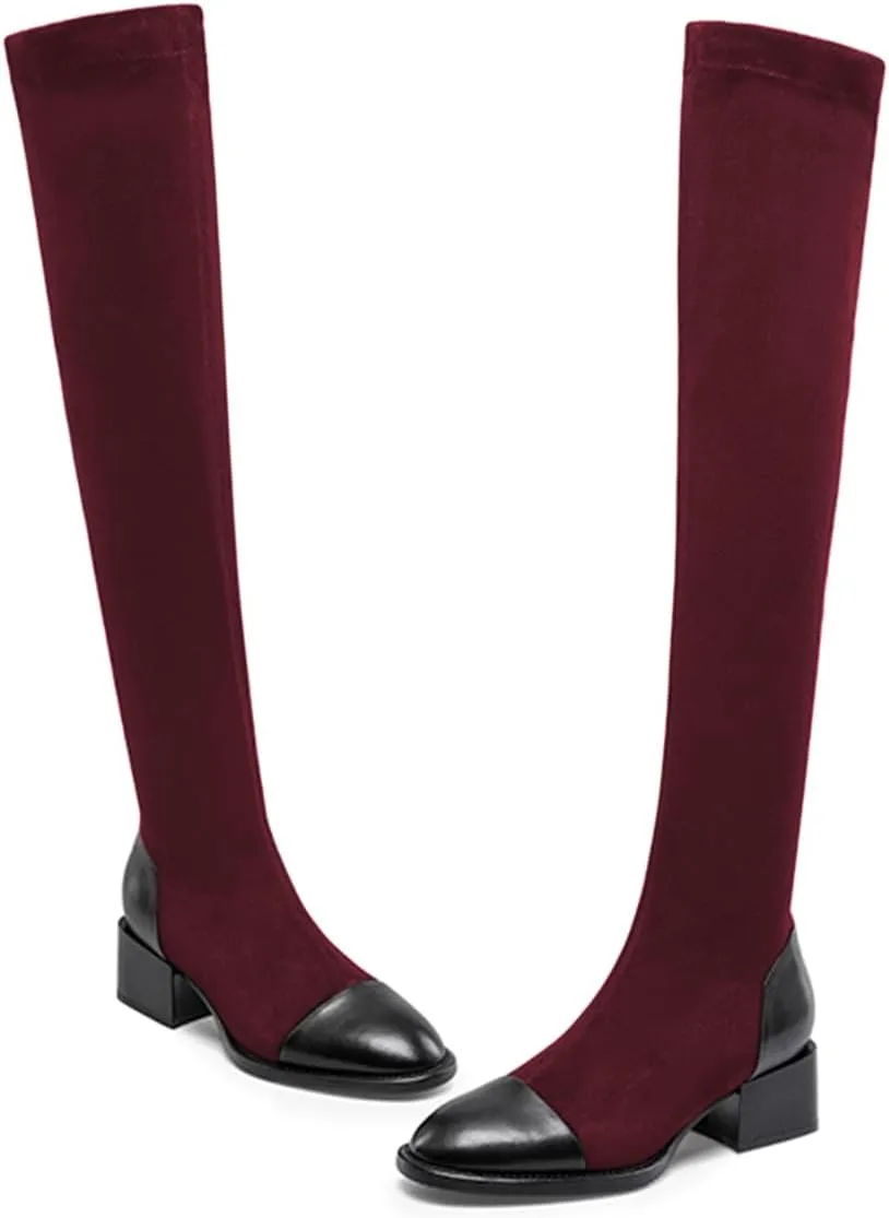 FOWT Women Round Cap Toe Over The Knee Boots Fashion Block Low Heel Side Zipper Warm Winter Fall Outdoor Shoes Size 4-16 US