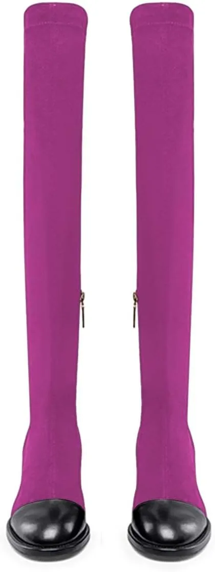 FOWT Women Round Cap Toe Over The Knee Boots Fashion Block Low Heel Side Zipper Warm Winter Fall Outdoor Shoes Size 4-16 US