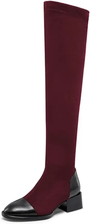 FOWT Women Round Cap Toe Over The Knee Boots Fashion Block Low Heel Side Zipper Warm Winter Fall Outdoor Shoes Size 4-16 US