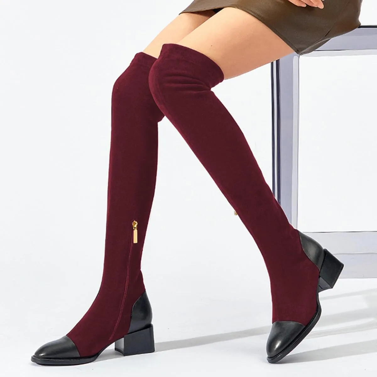 FOWT Women Round Cap Toe Over The Knee Boots Fashion Block Low Heel Side Zipper Warm Winter Fall Outdoor Shoes Size 4-16 US