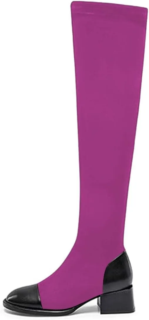 FOWT Women Round Cap Toe Over The Knee Boots Fashion Block Low Heel Side Zipper Warm Winter Fall Outdoor Shoes Size 4-16 US