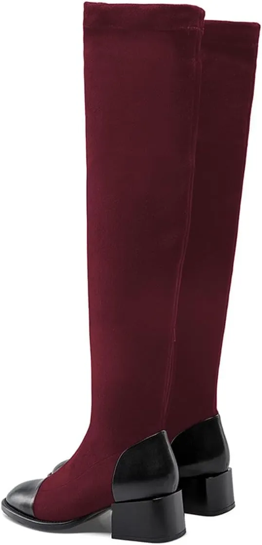 FOWT Women Round Cap Toe Over The Knee Boots Fashion Block Low Heel Side Zipper Warm Winter Fall Outdoor Shoes Size 4-16 US