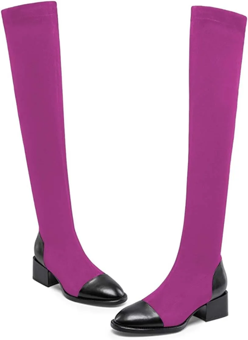 FOWT Women Round Cap Toe Over The Knee Boots Fashion Block Low Heel Side Zipper Warm Winter Fall Outdoor Shoes Size 4-16 US