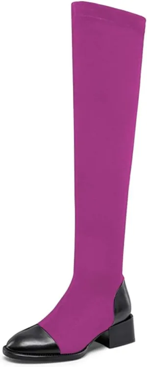 FOWT Women Round Cap Toe Over The Knee Boots Fashion Block Low Heel Side Zipper Warm Winter Fall Outdoor Shoes Size 4-16 US