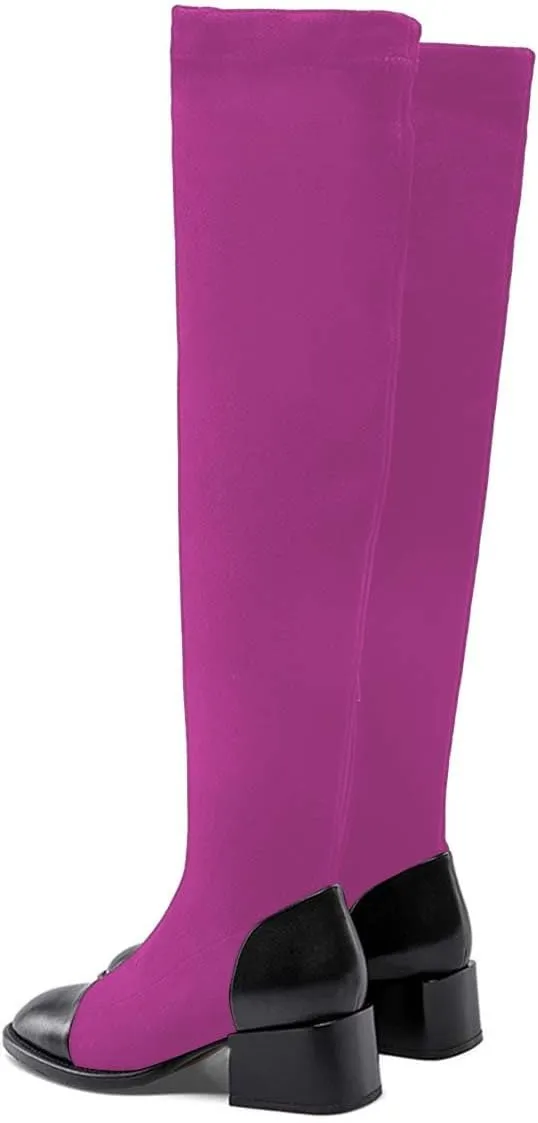 FOWT Women Round Cap Toe Over The Knee Boots Fashion Block Low Heel Side Zipper Warm Winter Fall Outdoor Shoes Size 4-16 US