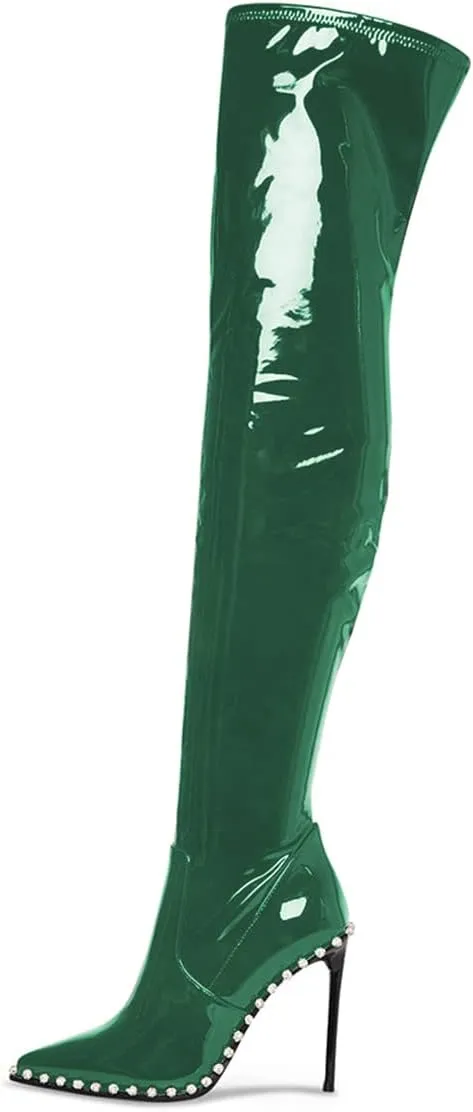 FSJ Women Fashion Pointed Toe Stiletto High Heels Over the Knee Boots Rhinestone Glossy Leather Heeled Boots with Zipper Size 4-15 US