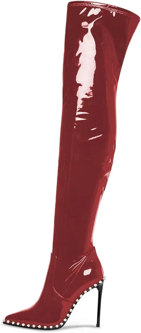 FSJ Women Fashion Pointed Toe Stiletto High Heels Over the Knee Boots Rhinestone Glossy Leather Heeled Boots with Zipper Size 4-15 US