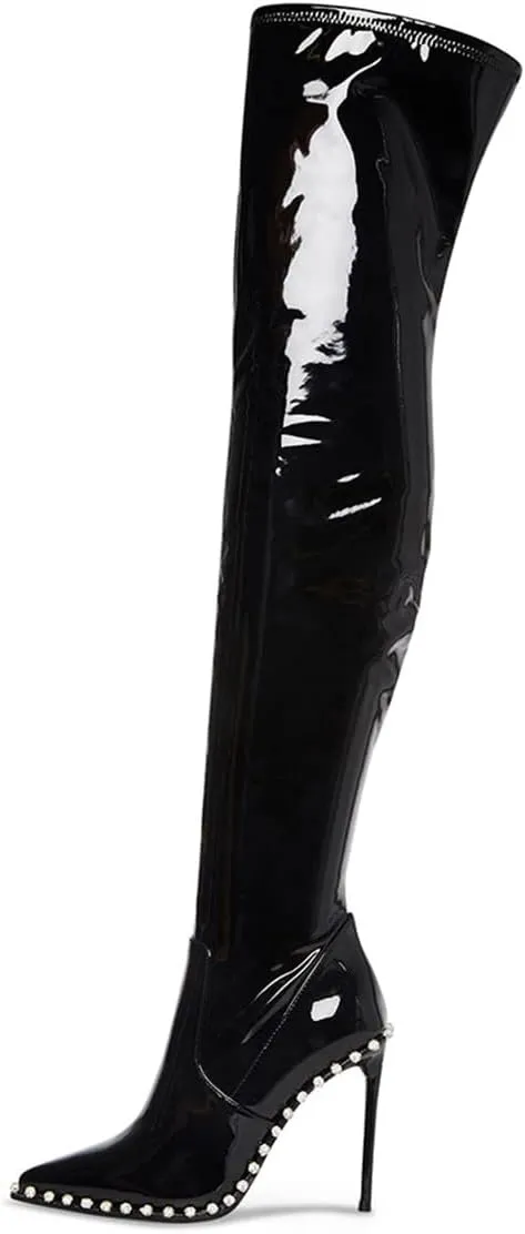 FSJ Women Fashion Pointed Toe Stiletto High Heels Over the Knee Boots Rhinestone Glossy Leather Heeled Boots with Zipper Size 4-15 US