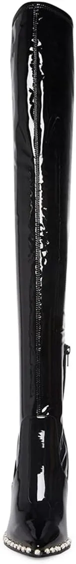 FSJ Women Fashion Pointed Toe Stiletto High Heels Over the Knee Boots Rhinestone Glossy Leather Heeled Boots with Zipper Size 4-15 US