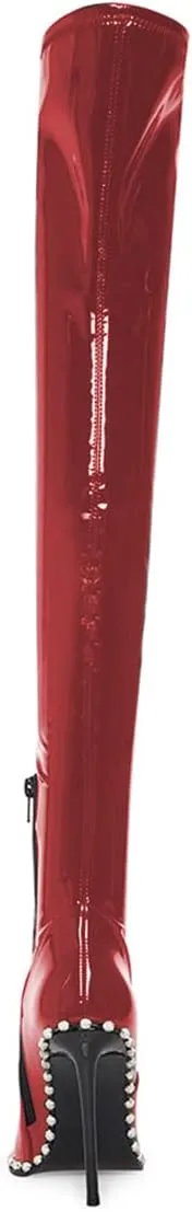 FSJ Women Fashion Pointed Toe Stiletto High Heels Over the Knee Boots Rhinestone Glossy Leather Heeled Boots with Zipper Size 4-15 US