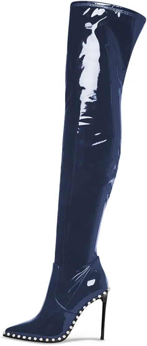 FSJ Women Fashion Pointed Toe Stiletto High Heels Over the Knee Boots Rhinestone Glossy Leather Heeled Boots with Zipper Size 4-15 US