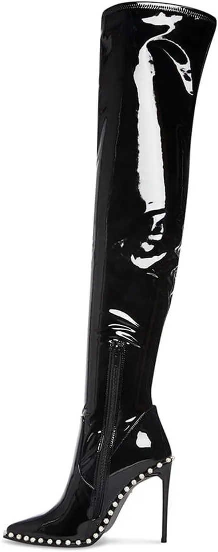 FSJ Women Fashion Pointed Toe Stiletto High Heels Over the Knee Boots Rhinestone Glossy Leather Heeled Boots with Zipper Size 4-15 US