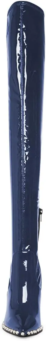 FSJ Women Fashion Pointed Toe Stiletto High Heels Over the Knee Boots Rhinestone Glossy Leather Heeled Boots with Zipper Size 4-15 US