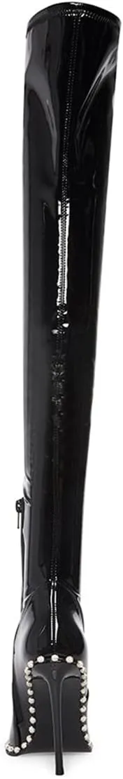 FSJ Women Fashion Pointed Toe Stiletto High Heels Over the Knee Boots Rhinestone Glossy Leather Heeled Boots with Zipper Size 4-15 US