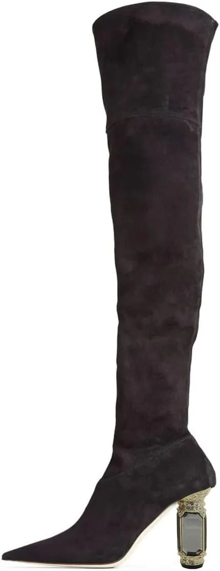 FSJ Women Winter Over The Knee Boots Crystal Chunky High Heel Stretch Thigh High Fashion Zipper Long Boots Warm Shoes Size 4-15 US