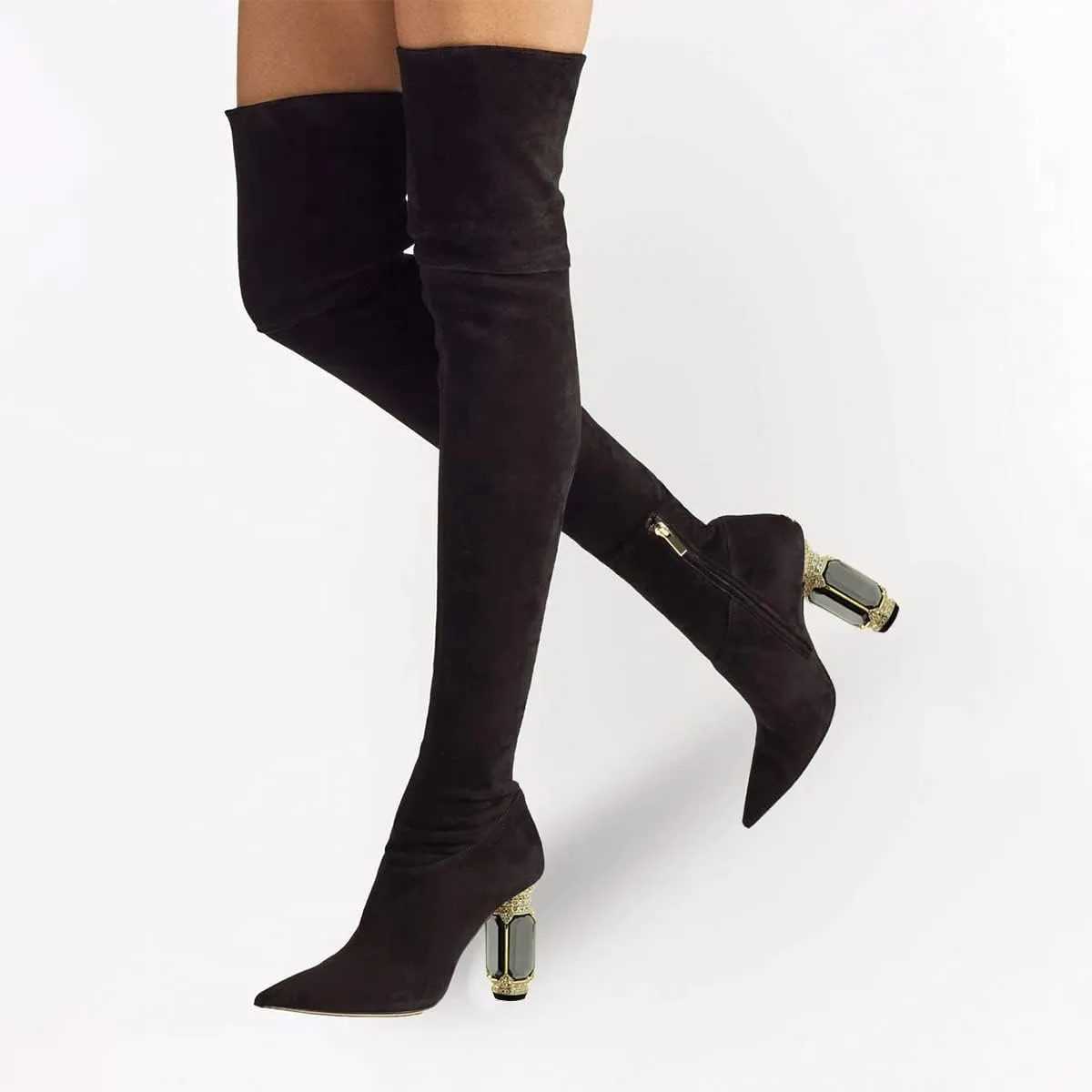 FSJ Women Winter Over The Knee Boots Crystal Chunky High Heel Stretch Thigh High Fashion Zipper Long Boots Warm Shoes Size 4-15 US