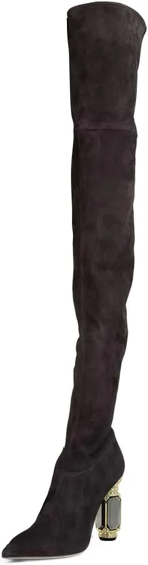 FSJ Women Winter Over The Knee Boots Crystal Chunky High Heel Stretch Thigh High Fashion Zipper Long Boots Warm Shoes Size 4-15 US