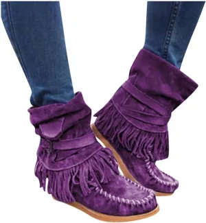 Gibobby Ankle Boots for Women Mid Knee High Boots Low Heel Fringe Side Zipper Fashion Winter Shoes Cowboy Booties
