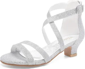 Girls High Heels Dress Pump Sandals Glitter Wedding Flower Party Princess Shoes for Kids Toddler