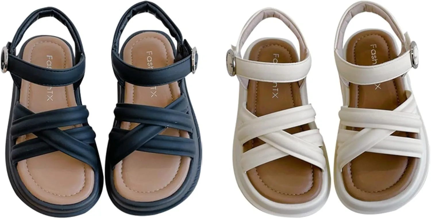 Girl's Open Toe Flat Sandals Roman Thick Bottom Sticky Princess Shoes Daily Casual Adjustable Buckle Sandals