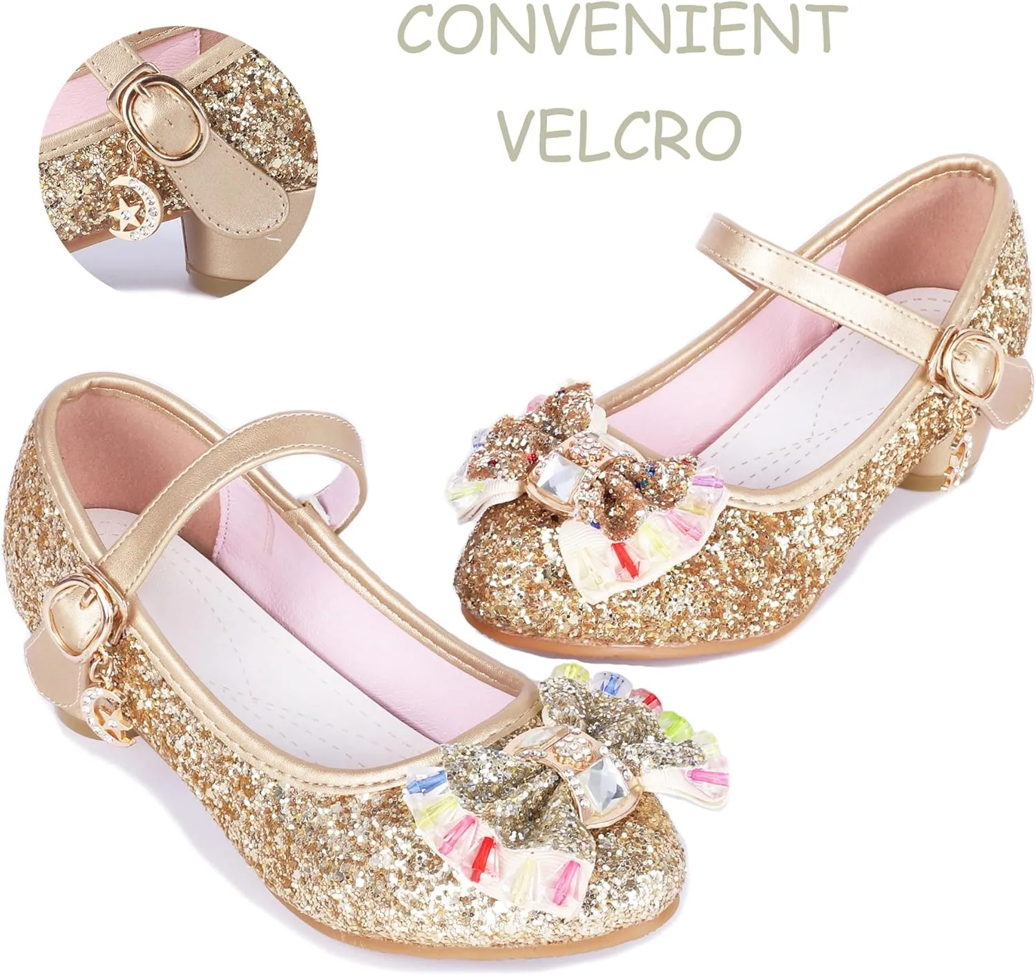 Girls Shoes Sparkle Mary Jane Low Heel Princess Flower Wedding Party Dress Shoes