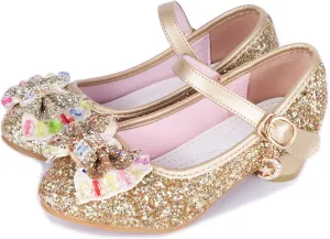 Girls Shoes Sparkle Mary Jane Low Heel Princess Flower Wedding Party Dress Shoes
