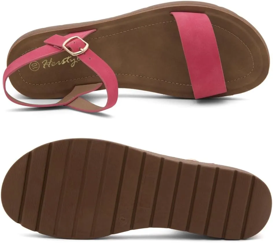 Herstyle Womens Flat Sandals  One Band Ankle Strap Dressy Casual Sandals with Cushioned Footbed | Comfortable Open Toe Walking Shoes for Summer & Daily Wear