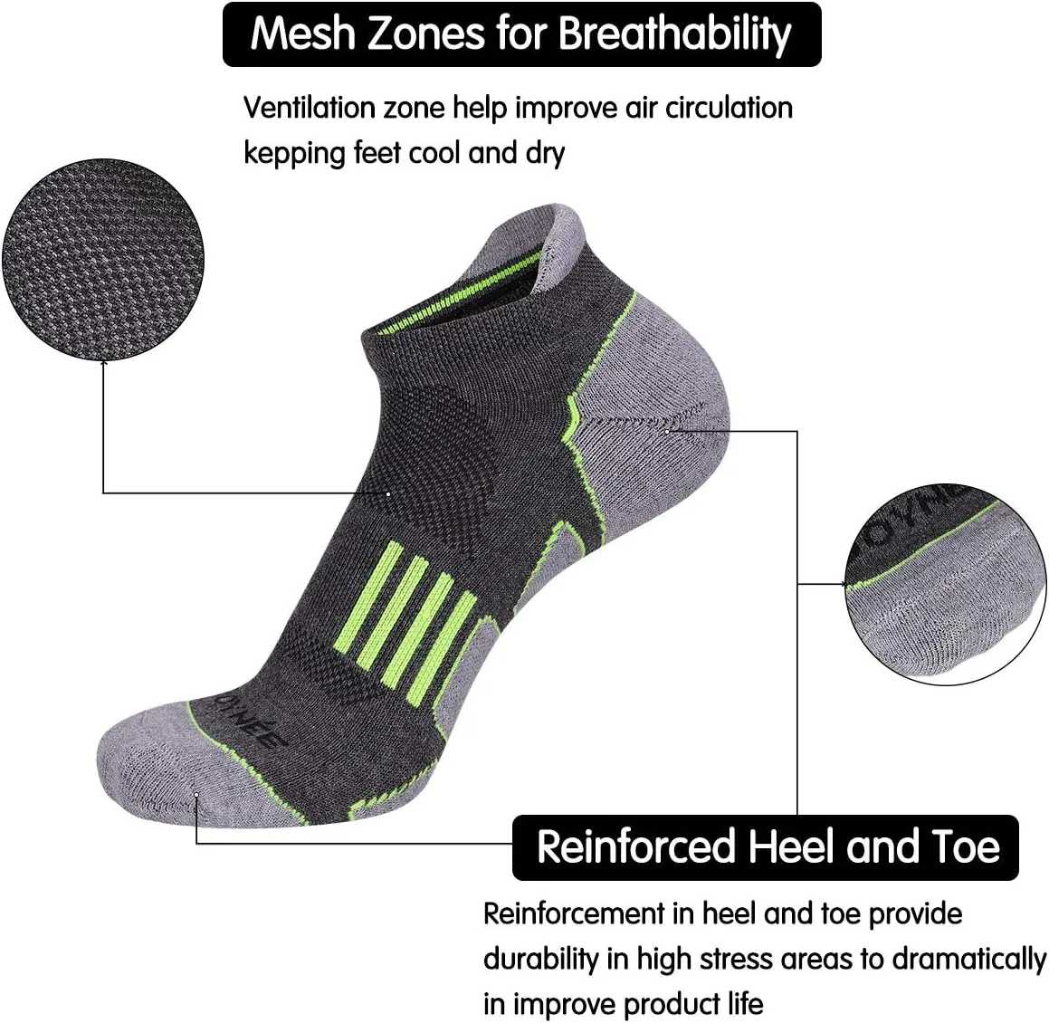 JOYNÉE Men's 6 Pack Athletic No Show Performance Comfort Cushioned Low Cut Running Tab Socks,Black,Sock Size:10-13