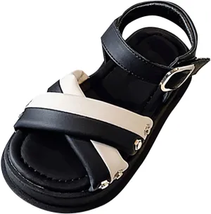 Kids Child Girls Open Toe Solid Color Rome Flat Sandal Soft Bottom Casual Beach Vacation Hook & Loop Shoes