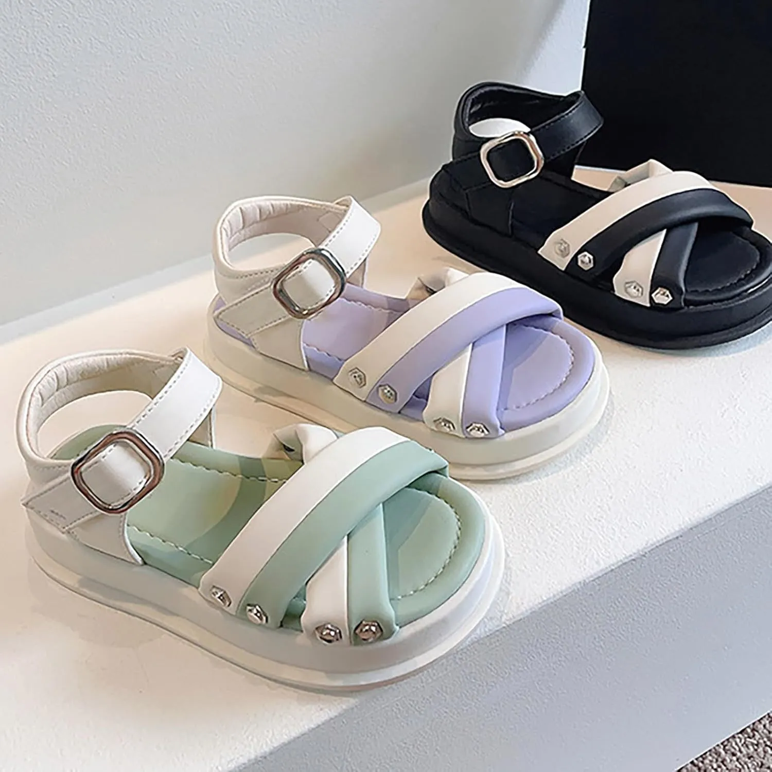 Kids Child Girls Open Toe Solid Color Rome Flat Sandal Soft Bottom Casual Beach Vacation Hook & Loop Shoes