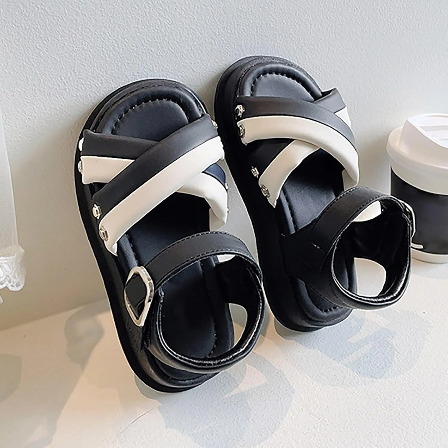 Kids Child Girls Open Toe Solid Color Rome Flat Sandal Soft Bottom Casual Beach Vacation Hook & Loop Shoes