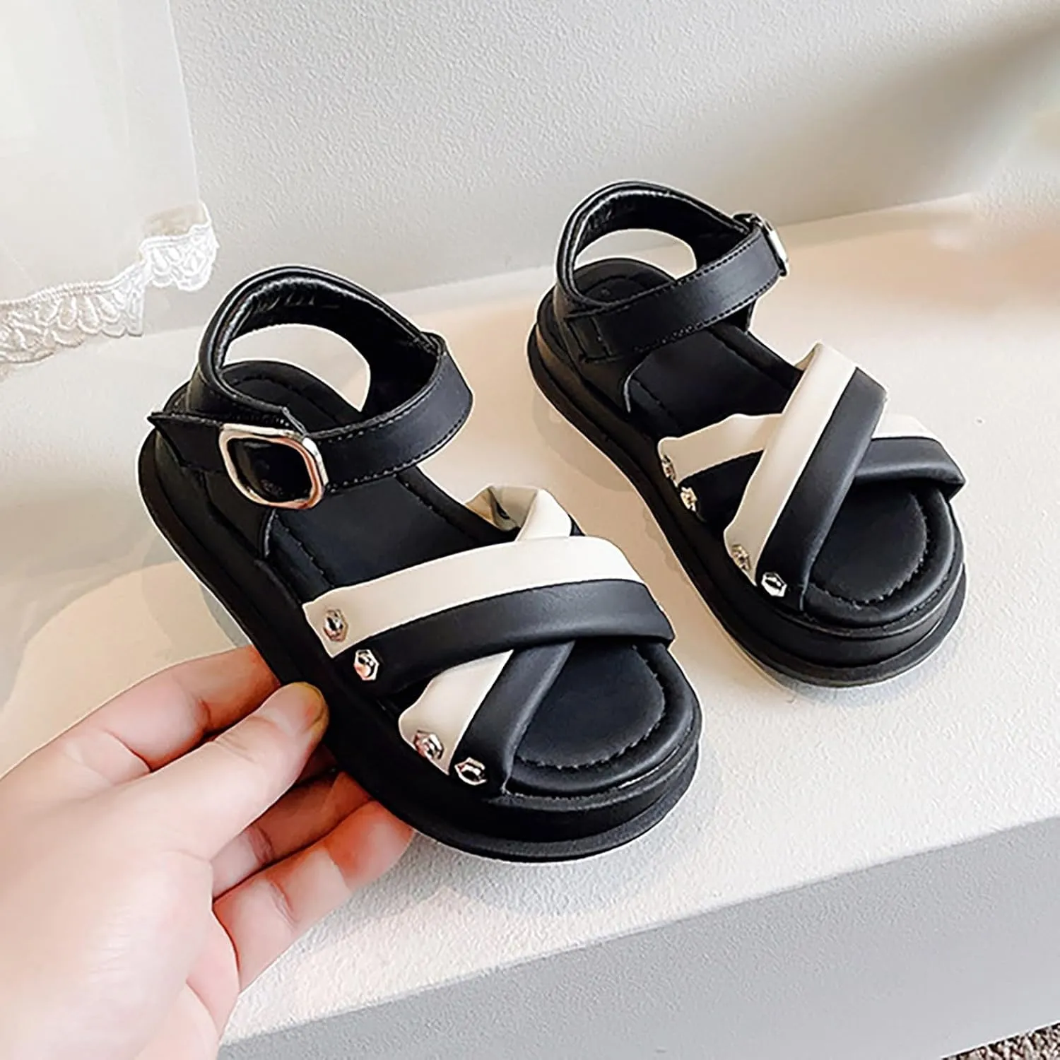 Kids Child Girls Open Toe Solid Color Rome Flat Sandal Soft Bottom Casual Beach Vacation Hook & Loop Shoes