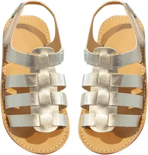 Kids Girls Strappy Rome Sandal Open Toe Pu Leather Sandal Slip On Toddler Hook & Loop Princess Flat Sandals