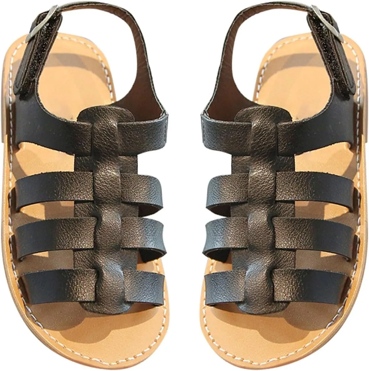 Kids Girls Strappy Rome Sandal Open Toe Pu Leather Sandal Slip On Toddler Hook & Loop Princess Flat Sandals