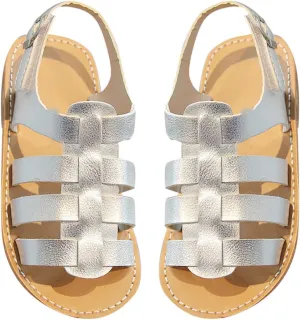 Kids Girls Strappy Rome Sandal Open Toe Pu Leather Sandal Slip On Toddler Hook & Loop Princess Flat Sandals