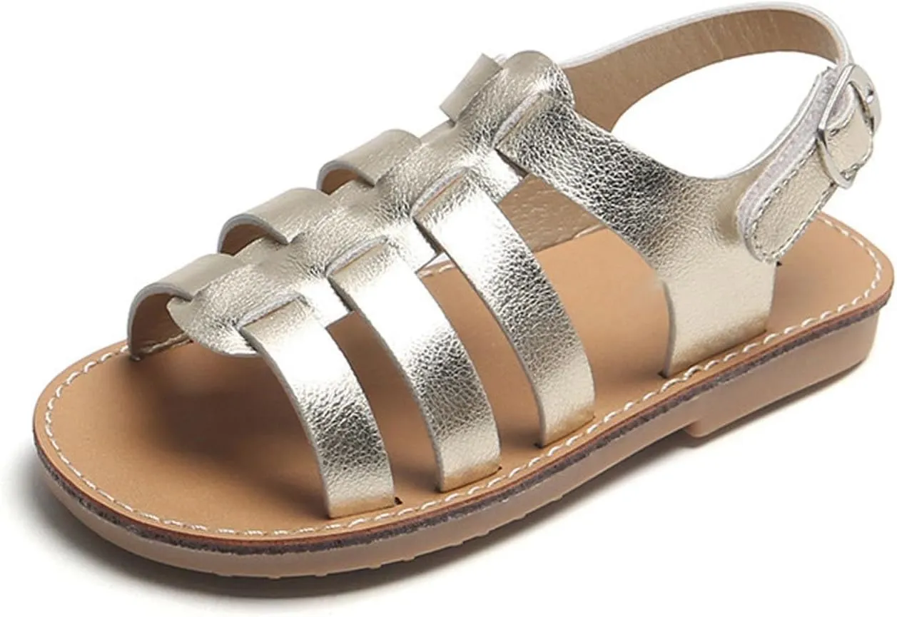 Kids Girls Strappy Rome Sandal Open Toe Pu Leather Sandal Slip On Toddler Hook & Loop Princess Flat Sandals