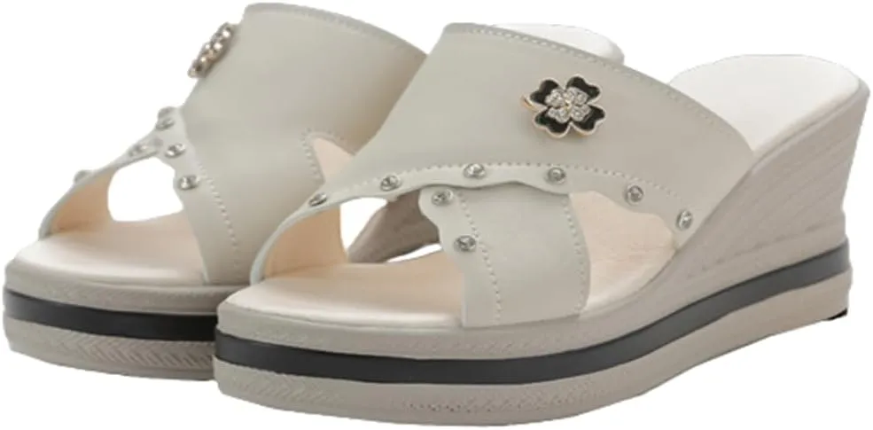 Ladies Platform Sandals - Casual Fashion Wedge Summer Beach Shoes - Comfortable Lightweight Slippers - Z Shape Ladies Rhinestone Wedge Sandals