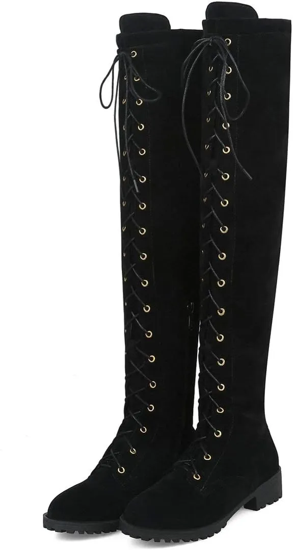 MAVMAX Women's Flat Lace up Thigh High Combat Low Heel Over The Knee Boots