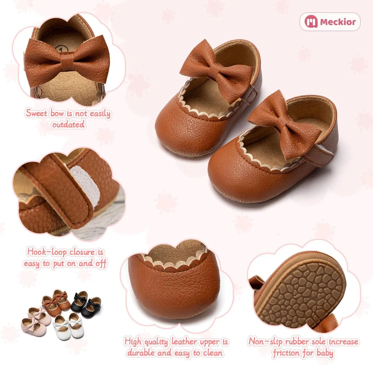 Meckior Infant Baby Girls Soft Sole Bowknot Princess Wedding Dress Mary Jane Flats Prewalker Newborn Light Baby Sneaker Shoes