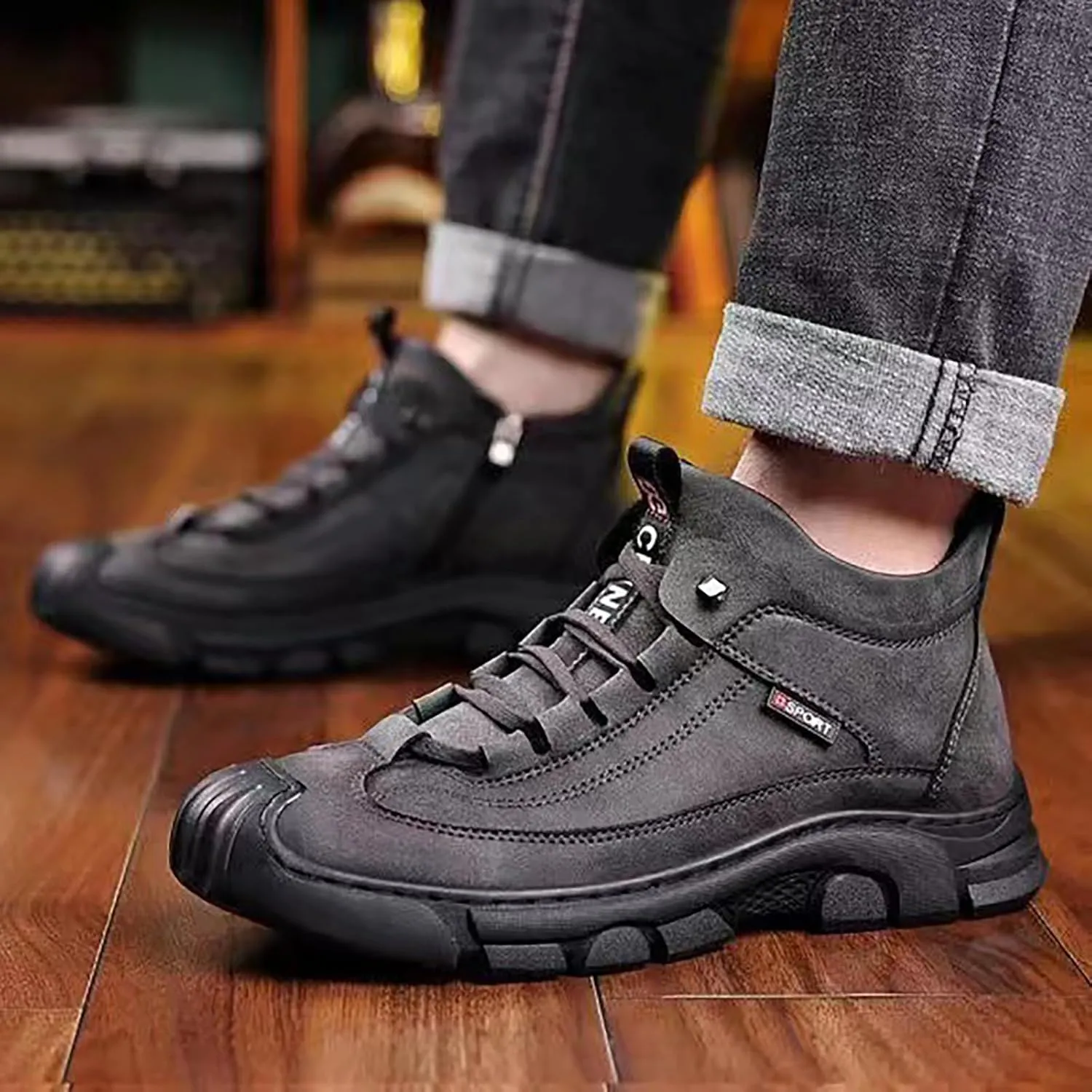 Men's Winter Lace Up Plush and Thickened Casual Soft Sole Slip Fashionable Leather Upper Father's Snow Warm Boots Mens