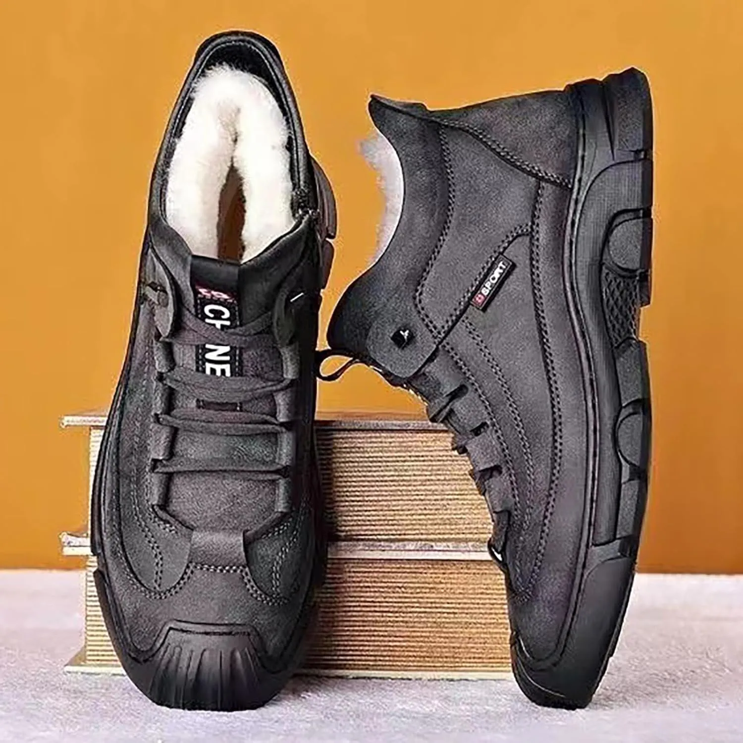 Men's Winter Lace Up Plush and Thickened Casual Soft Sole Slip Fashionable Leather Upper Father's Snow Warm Boots Mens