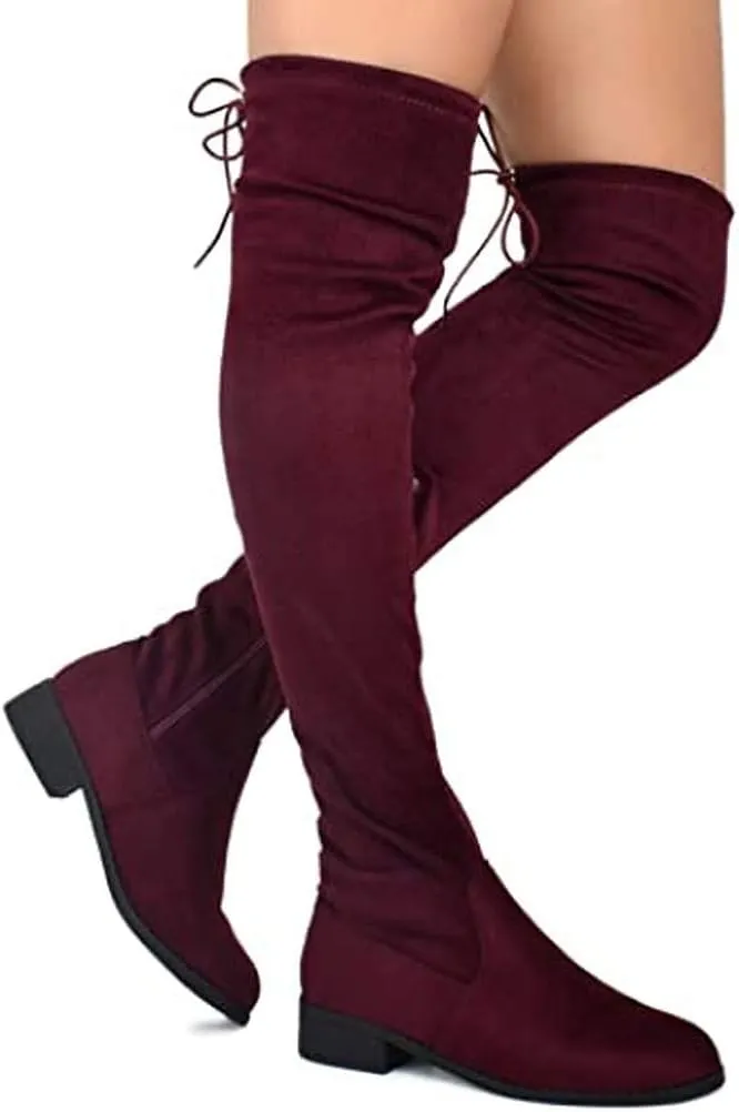 Nature Breeze Women's Fashion Comfy Vegan Suede Block Heel Side Zipper Back Lace Thigh High Over The Knee Boots