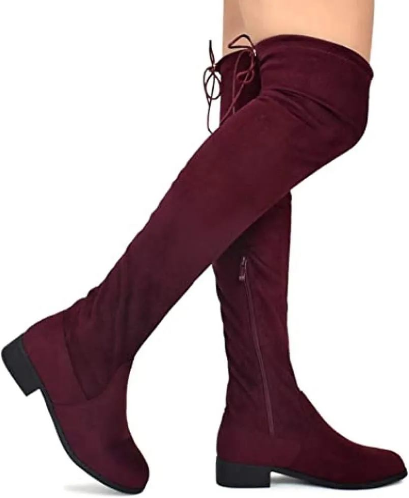 Nature Breeze Women's Fashion Comfy Vegan Suede Block Heel Side Zipper Back Lace Thigh High Over The Knee Boots