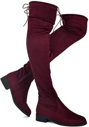 Nature Breeze Women's Fashion Comfy Vegan Suede Block Heel Side Zipper Back Lace Thigh High Over The Knee Boots