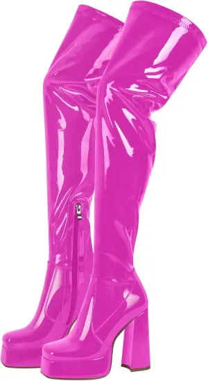 onlymaker Thigh High Platform Boots Chunky Heeled Square Toe side Zip up Stretchy over the Knee Boots