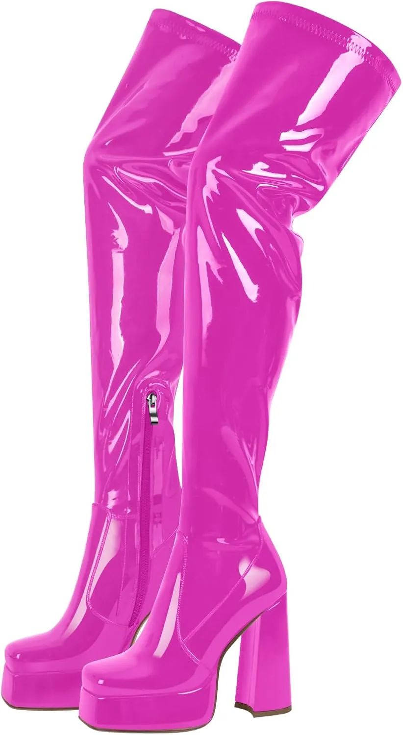 onlymaker Thigh High Platform Boots Chunky Heeled Square Toe side Zip up Stretchy over the Knee Boots